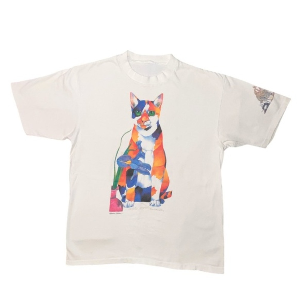 Vintage Barbara Wallace Another Cat T-shirt Signed Flowers Animals On Sleeve